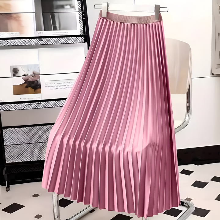 Elegant women's pleated high-waist midi skirt, a sophisticated A-line fashion piece.