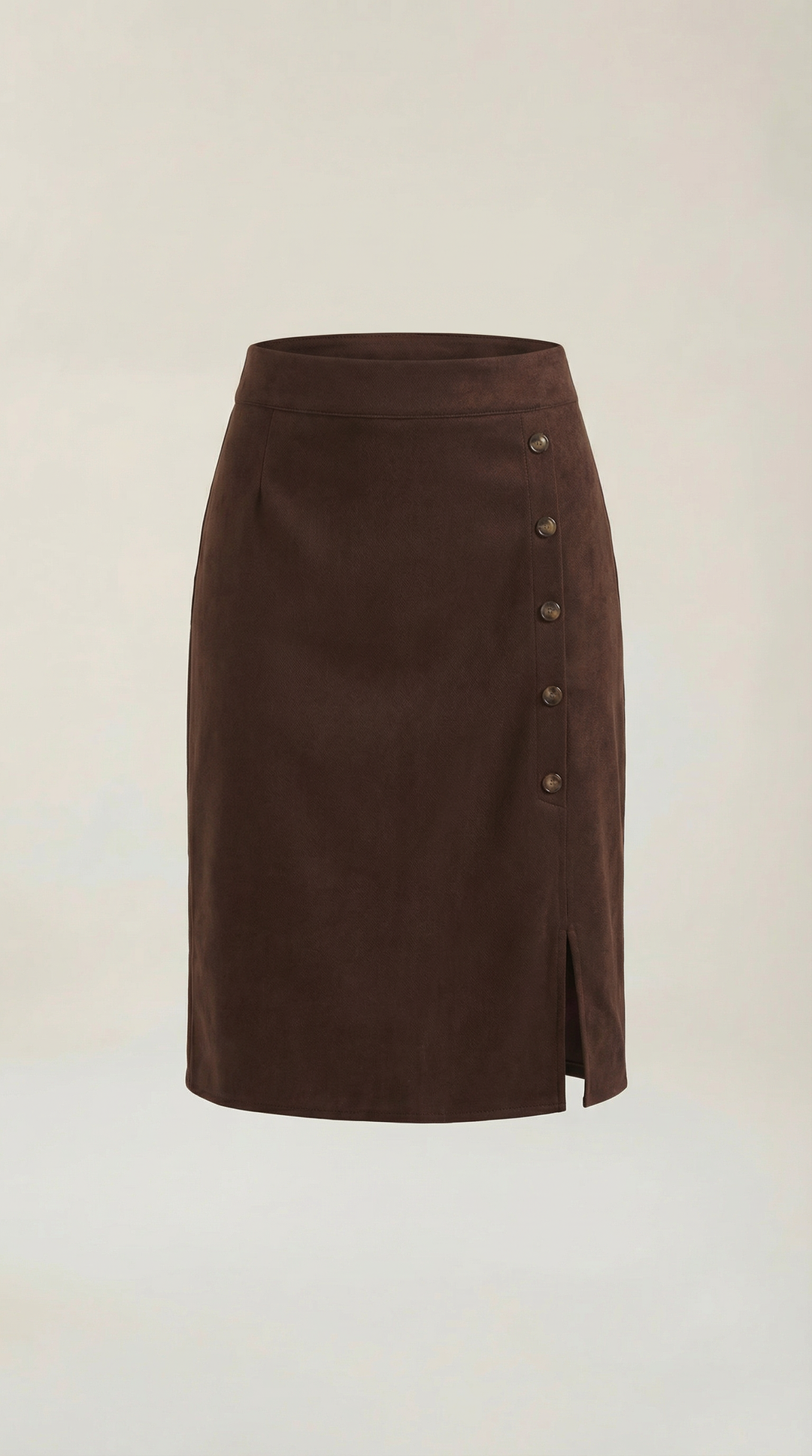 Modern women's mini skirt, high-waisted and fashionable, featuring a row of decorative buttons.
