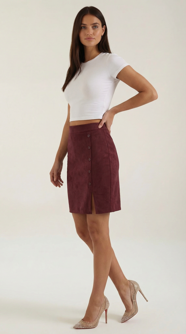 Elegant women's button-up mini skirt, high-waisted fit for a fashionable and refined appearance.