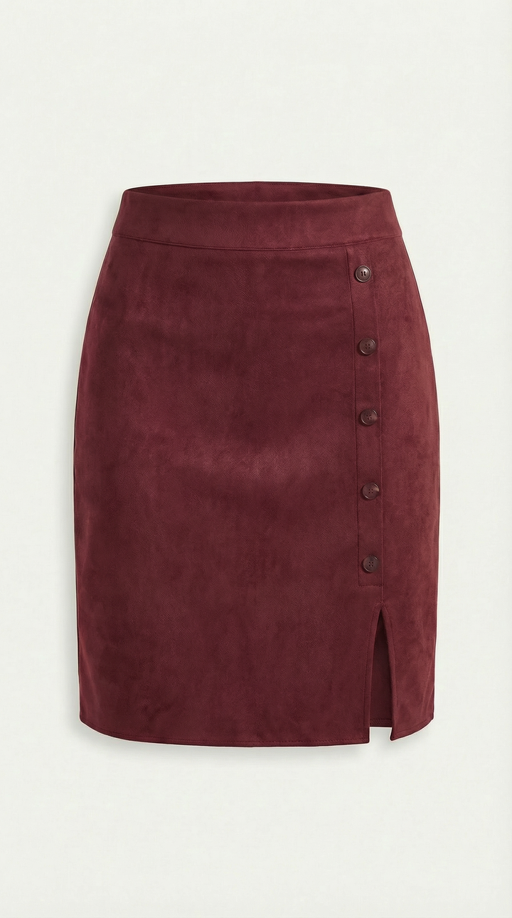 Fashionable women's buttoned mini skirt, high-waisted, offering a versatile and modern aesthetic.