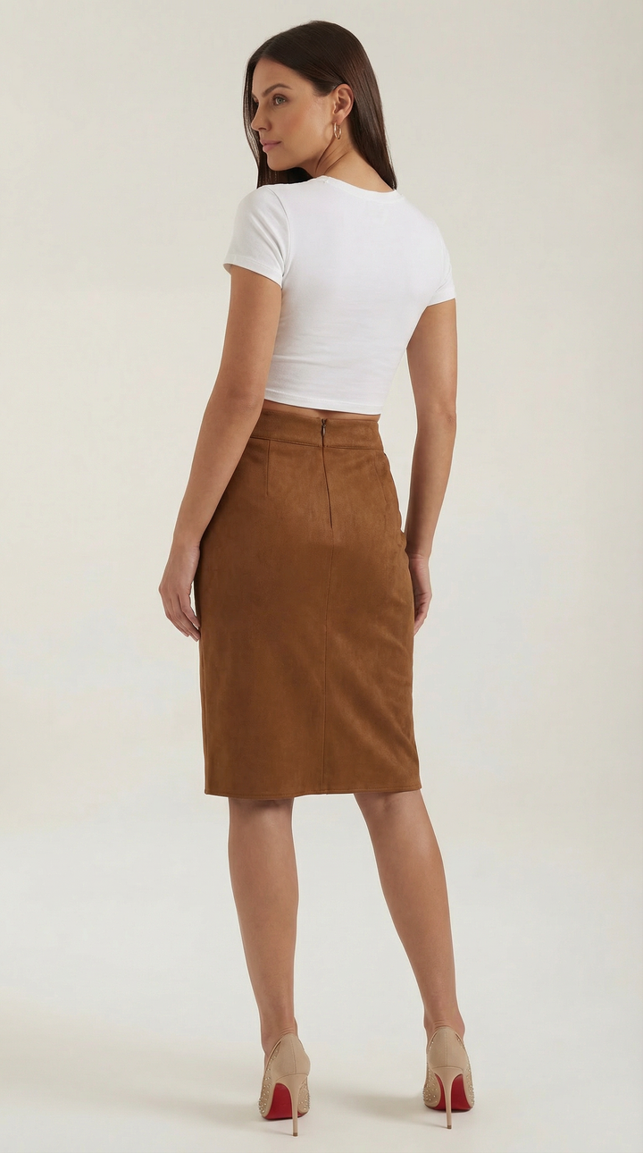 Stylish women's mini skirt, high-waisted and elegant, with a modern row of buttons.