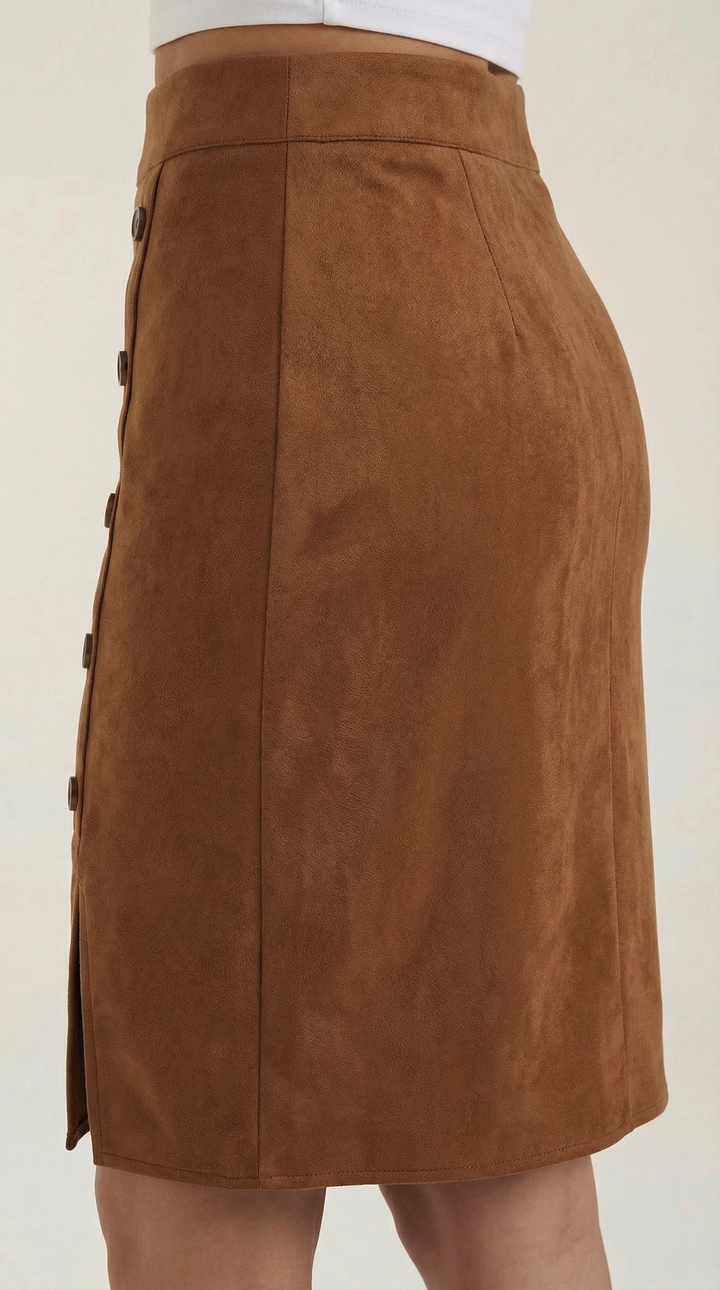 Casual yet elegant women's high-waisted buttoned mini skirt, perfect for modern fashion.