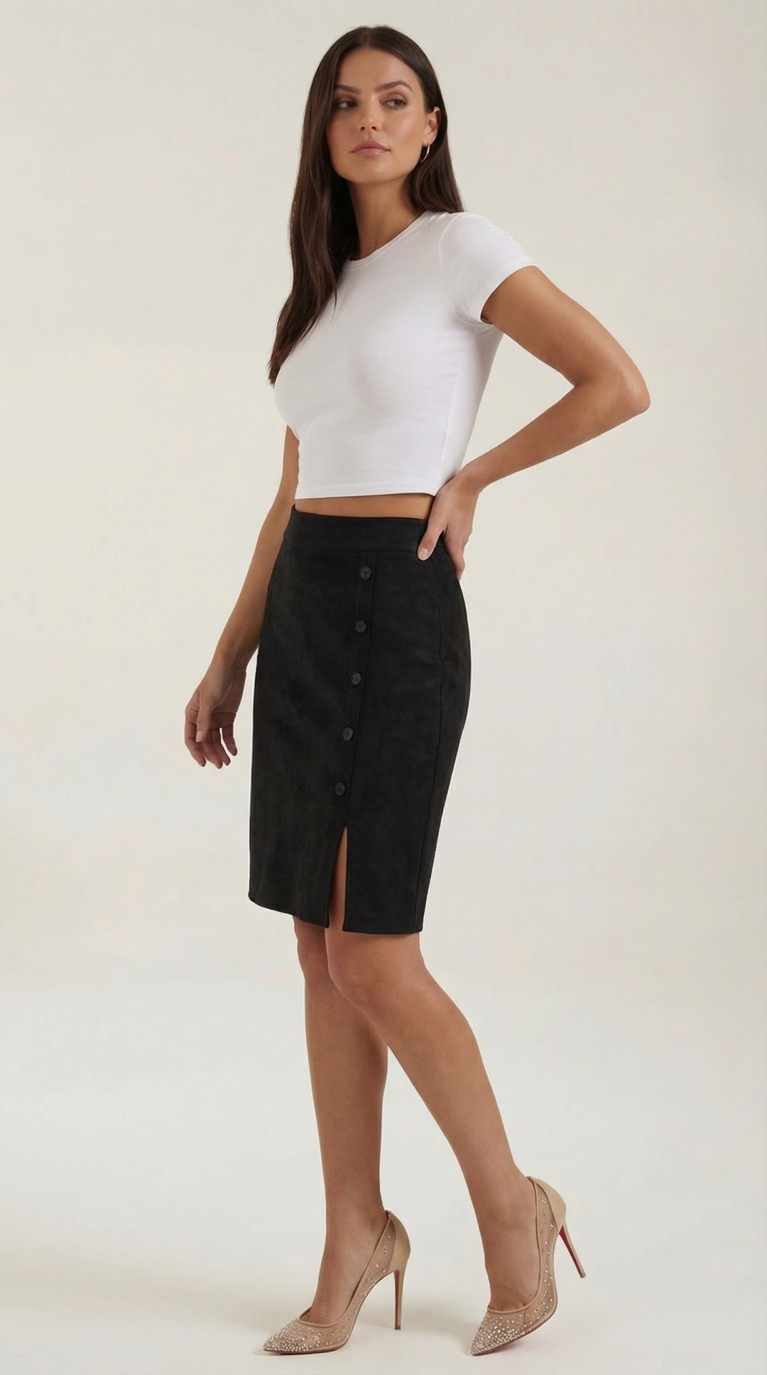 Modern ladies' mini skirt, high-waisted and flattering, with chic button embellishments.