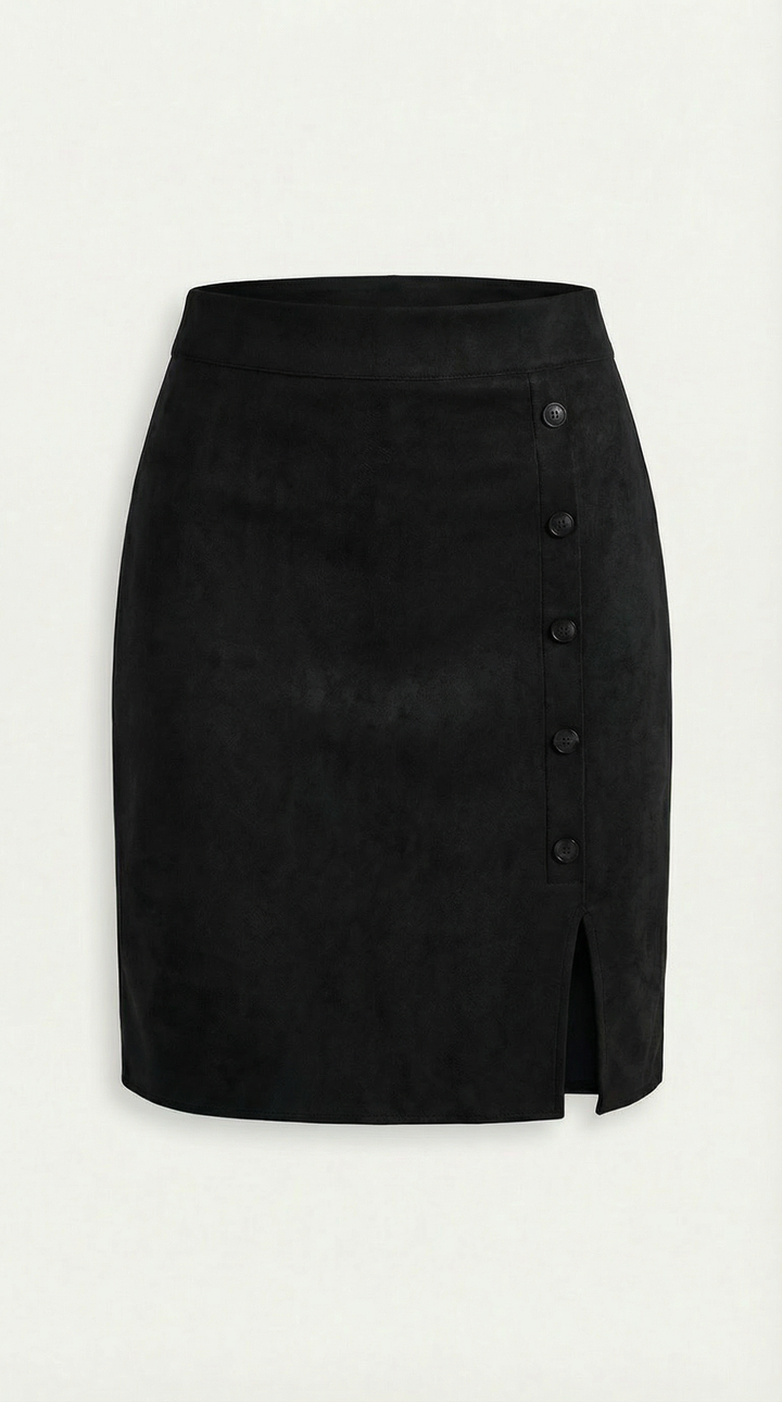 Sophisticated women's high-waisted mini skirt, featuring a full button-front detail.
