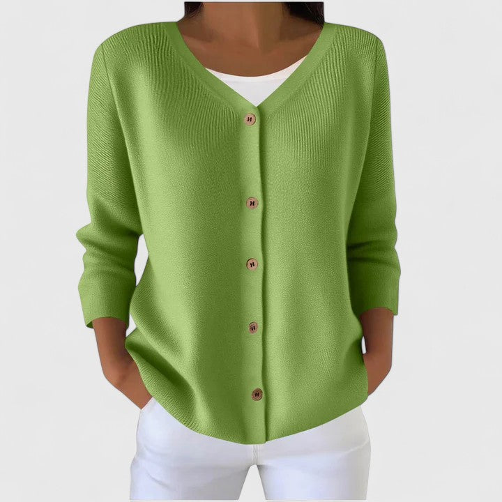 Women's elegant hooded cardigan, button-down, long sleeve, cozy & versatile for fall/spring layering.