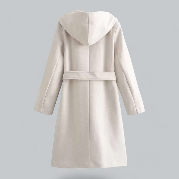 Stylish women's hooded long trench coat with a belt, an essential elegant outerwear piece.