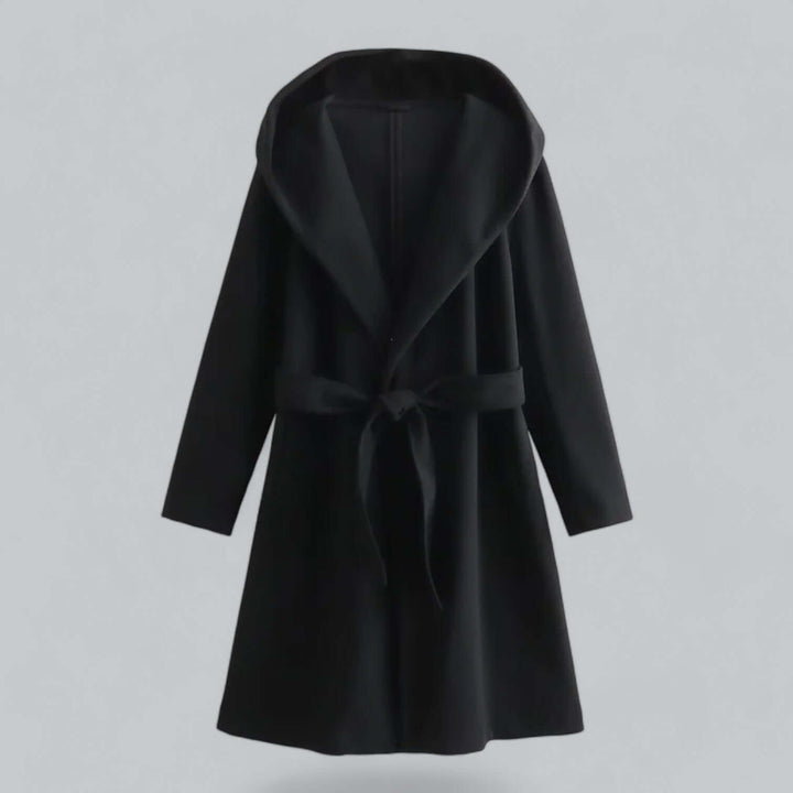 Fashionable women's long belted trench coat with hood, ideal for fall and winter elegance.
