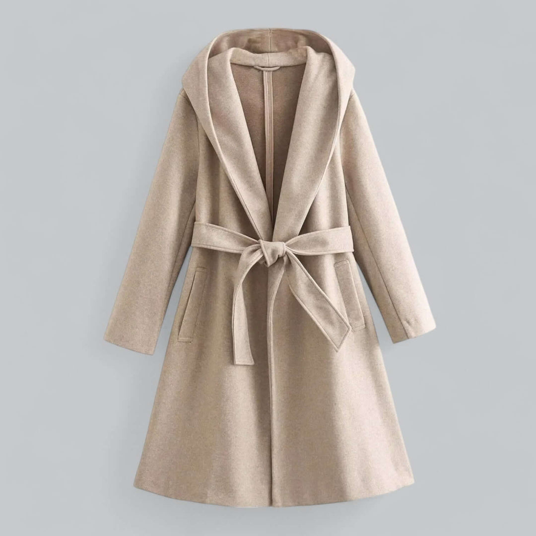 Elegant women's fall hooded long trench coat, offering warmth and style for winter.