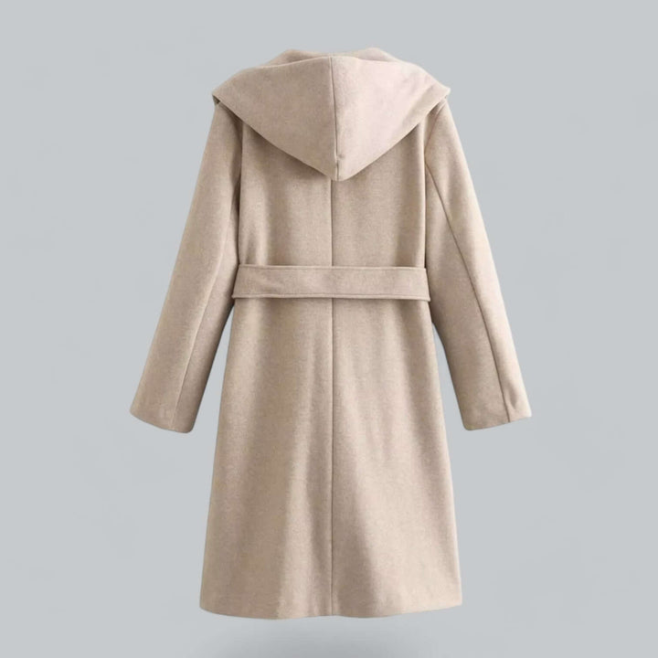 Classic women's long trench coat with hood, a timeless and elegant piece of outerwear.