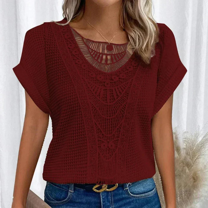 Round neck women's elegant boho top, Ibiza style, perfect for casual summer fashion or beachwear.