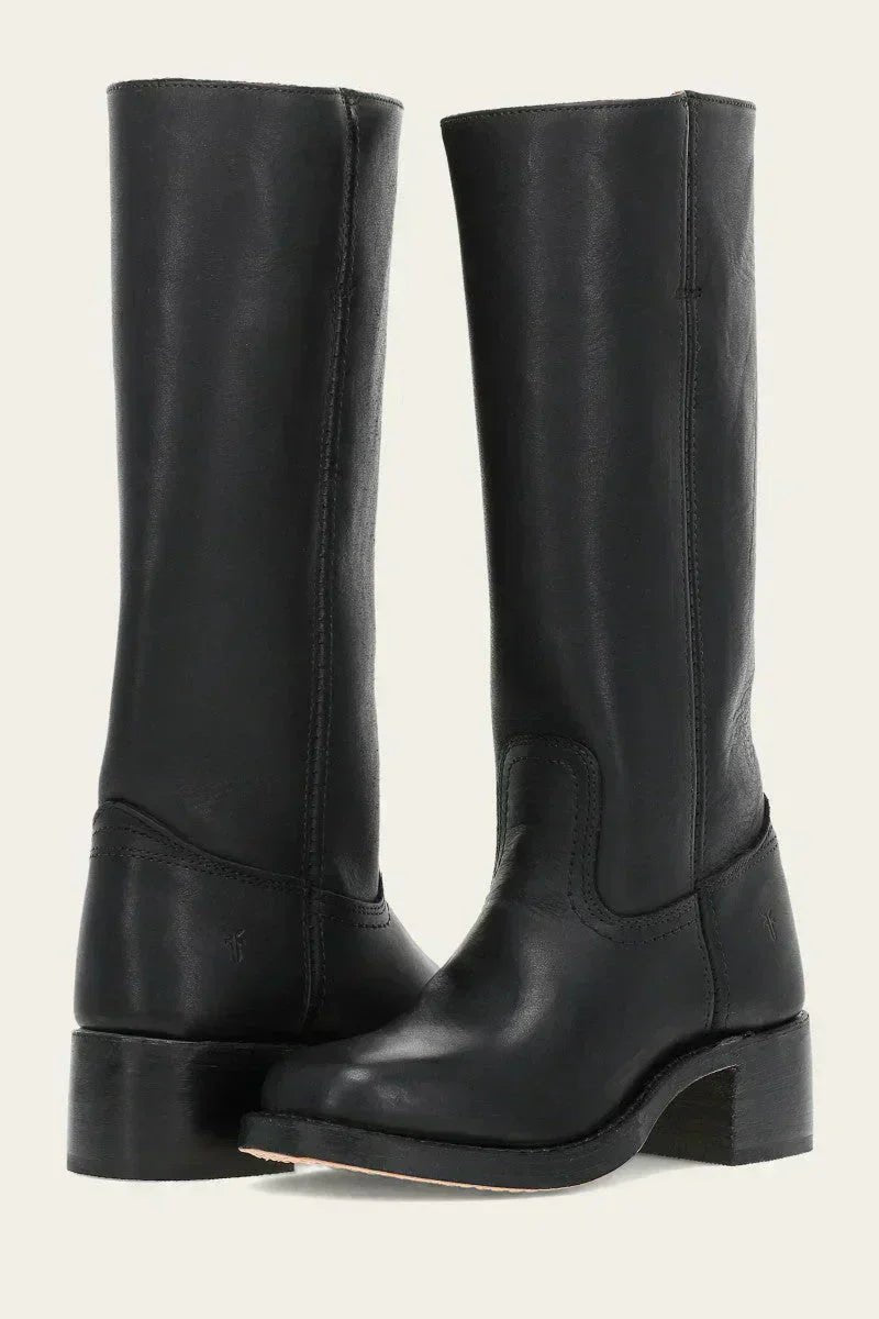 Stylish knee-high khaki boots for women, featuring a comfortable block heel & chic look.