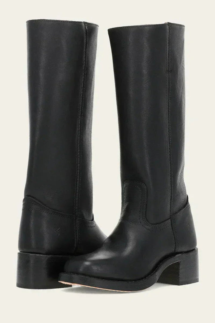 Stylish knee-high khaki boots for women, featuring a comfortable block heel & chic look.