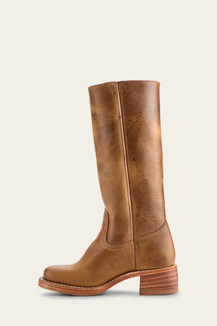 Comfortable women's khaki tall boots with block heel, perfect for autumn and winter style.