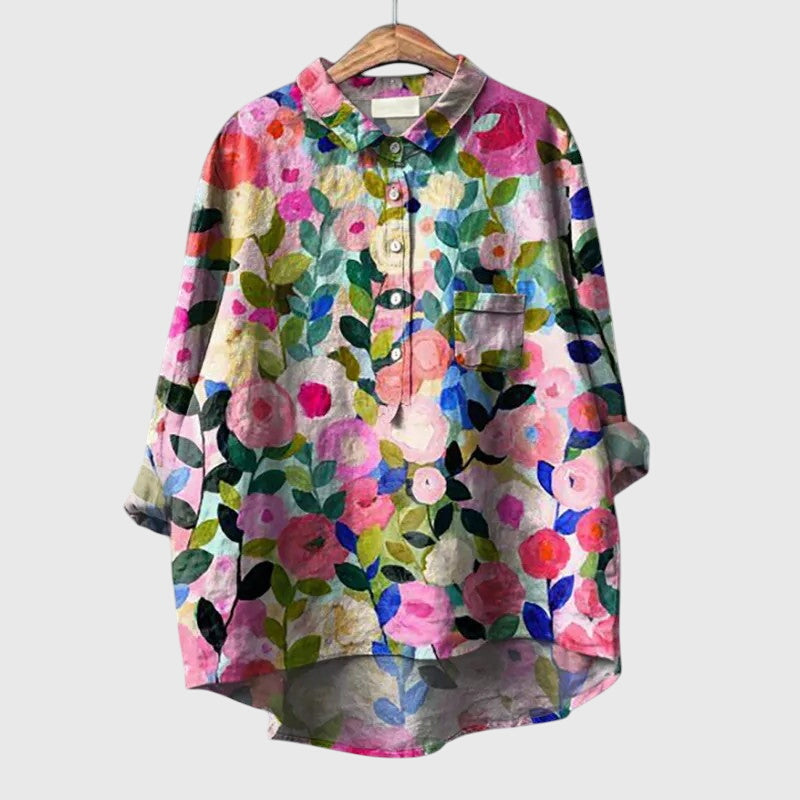 Women's elegant lightweight floral print blouse with long sleeves & round neck for versatile style.