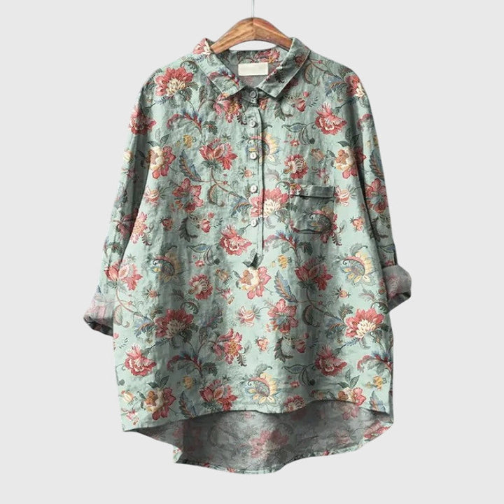 Summer style women's long sleeve blouse, elegant floral print, casual lightweight top.