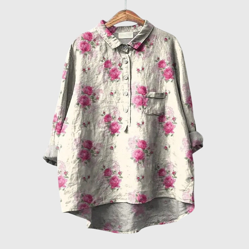 Elegant women's blouse, lightweight floral print, long sleeve, round neck, suitable for office.
