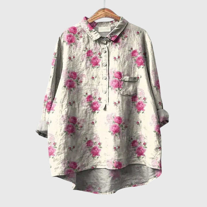 Elegant women's blouse, lightweight floral print, long sleeve, round neck, suitable for office.