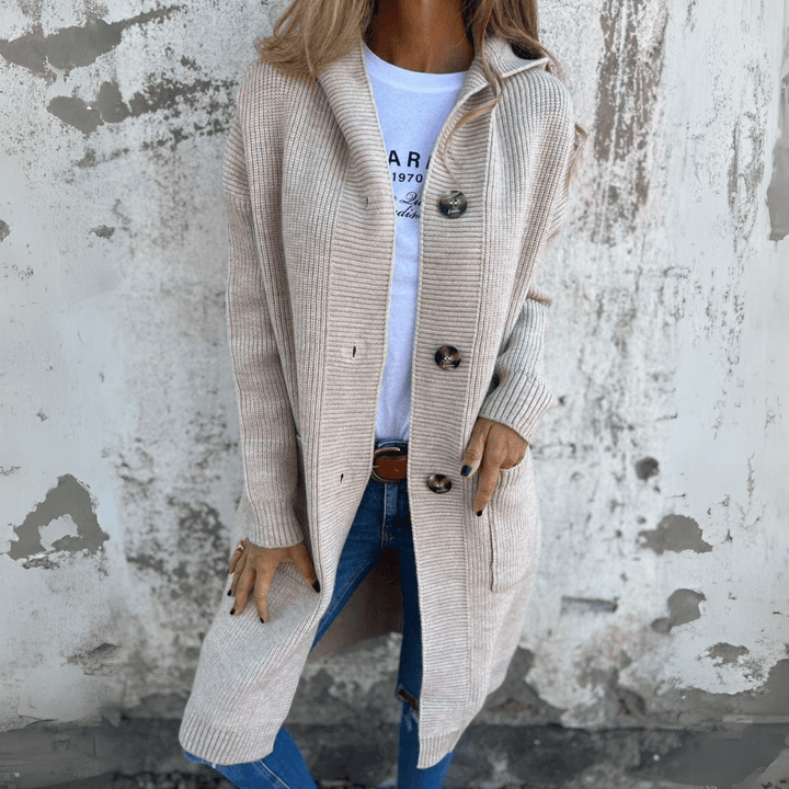 Women's elegant long chic cardigan, perfect for stylish layering & all-season comfort.