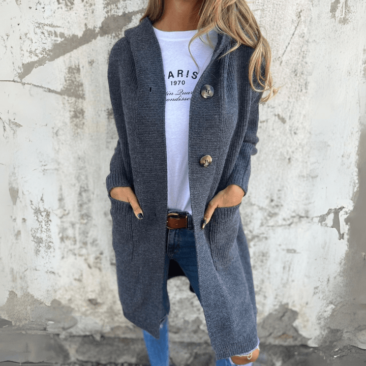 Fashionable women's long cardigan jacket, an elegant & stylish outerwear piece for various occasions.