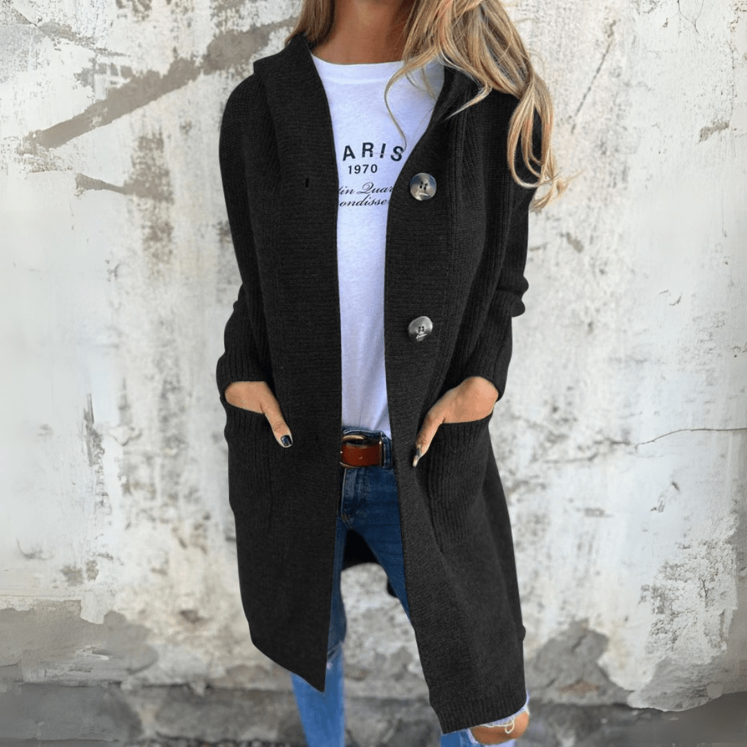 All-season women's long chic cardigan, an elegant and comfortable layering jacket for any weather.