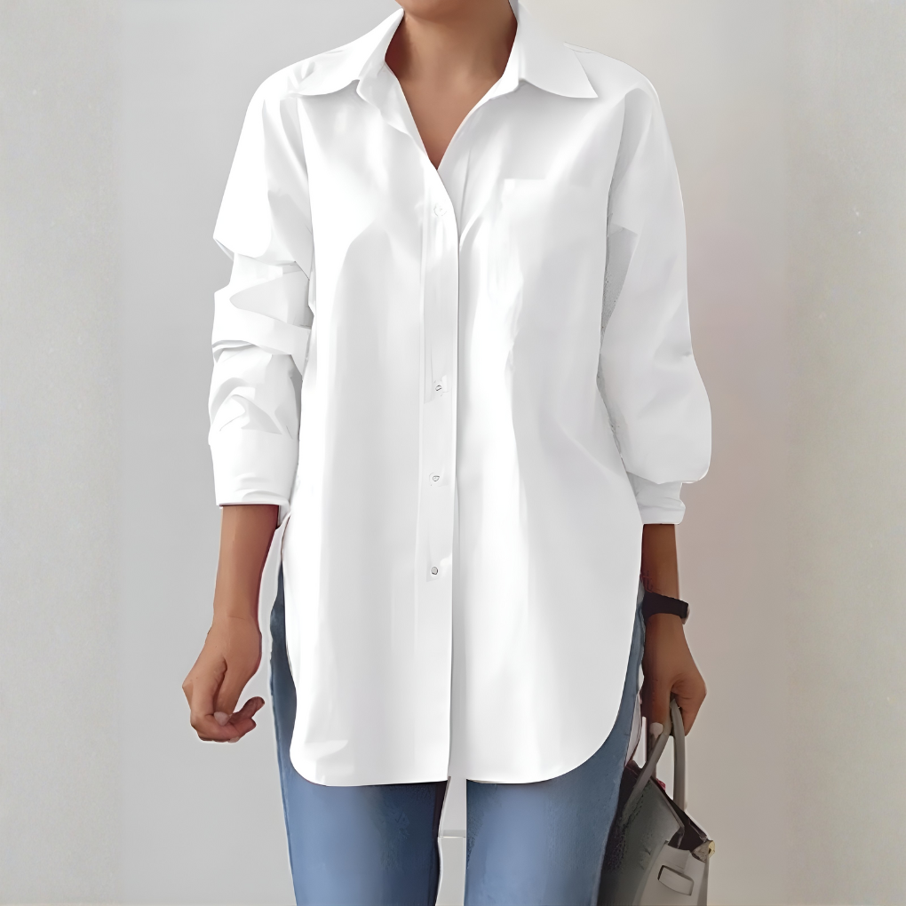 Women's elegant long sleeve blouse for sophisticated workwear or refined casual chic style.