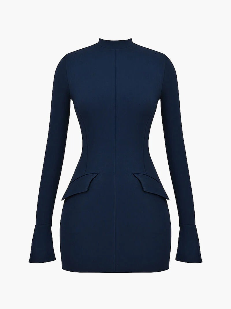 Women's elegant long sleeve high neck mini dress, perfect for sophisticated party & evening wear.