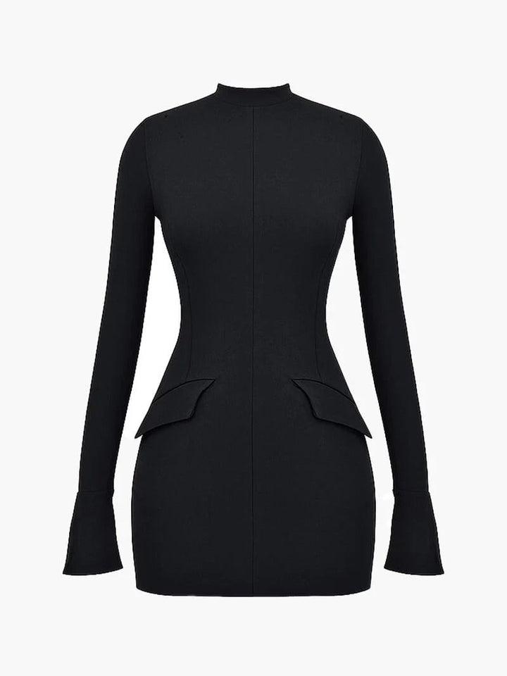Women's sleek long-sleeve high-neck mini dress, designed for glamorous party nights & elegant evenings.