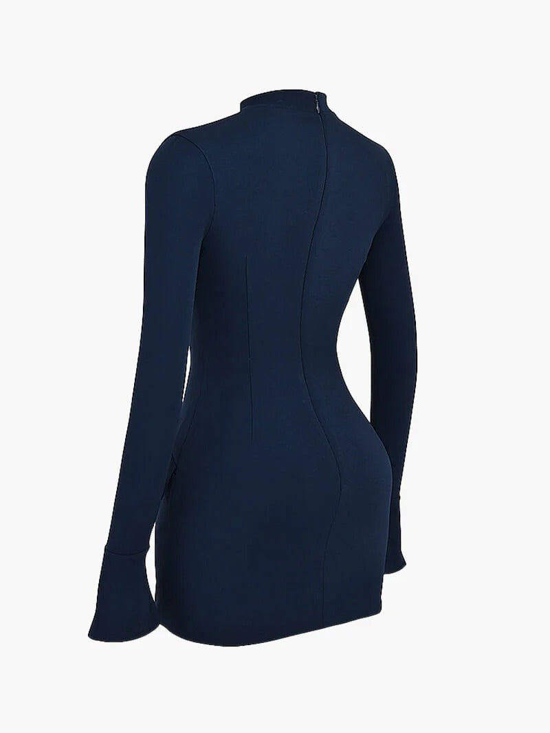 Chic women's mini dress with high neck & long sleeves, offering an elegant & flattering silhouette.