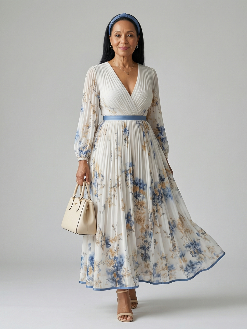 Women's elegant long sleeve pleated floral wrap midi dress for versatile occasion wear.
