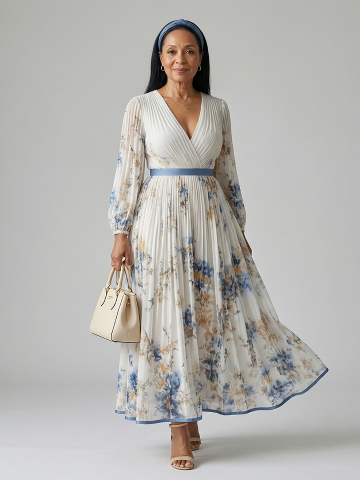 Women's elegant long sleeve pleated floral wrap midi dress for versatile occasion wear.