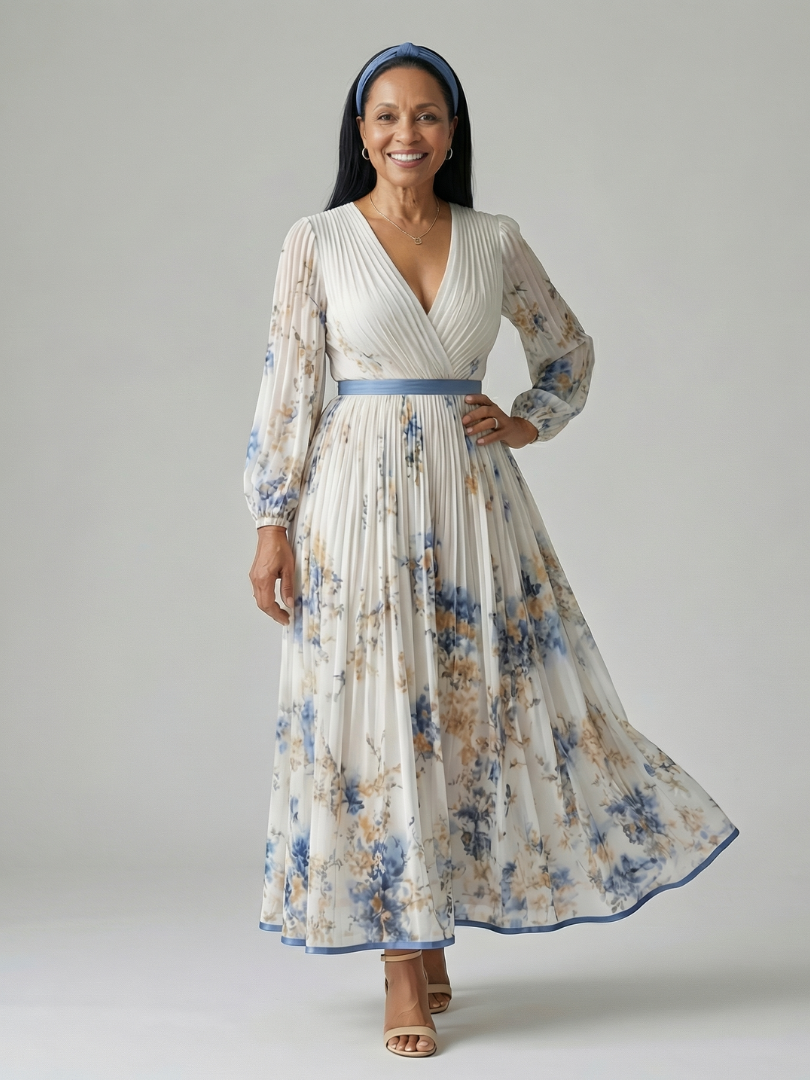Effortless women's floral print wrap midi dress with delicate pleats & long sleeves, perfect for any occasion.