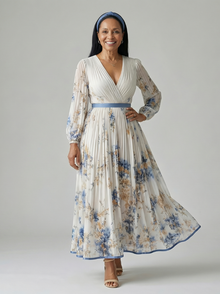 Effortless women's floral print wrap midi dress with delicate pleats & long sleeves, perfect for any occasion.