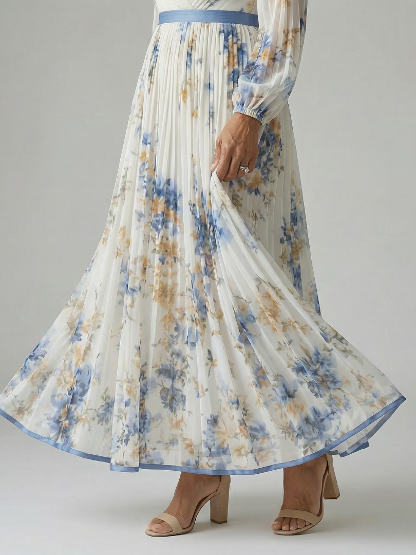 Beautiful floral pleated wrap midi dress for women, with long sleeves, ideal for elegant casual or occasion wear.