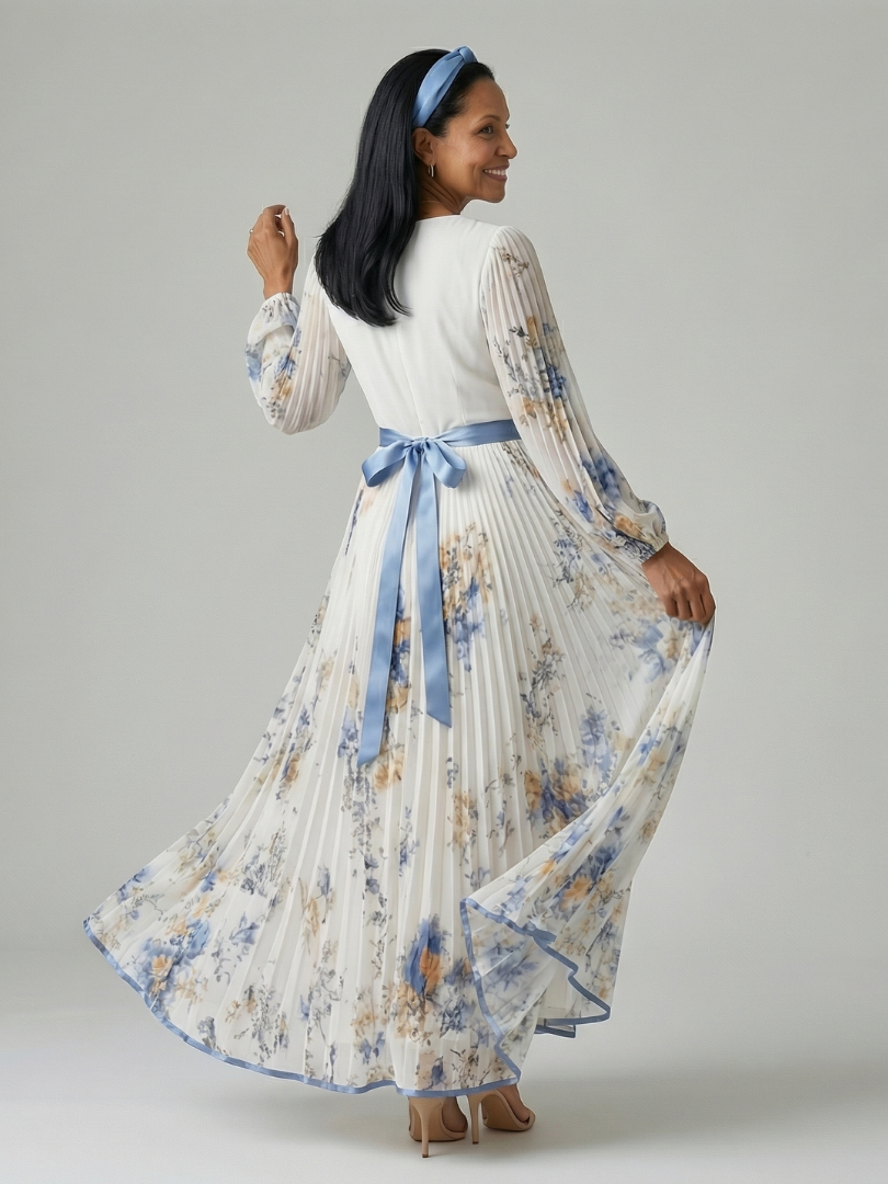 Stylish women's long sleeve floral pleated wrap midi dress, offering an elegant and versatile look for all events.