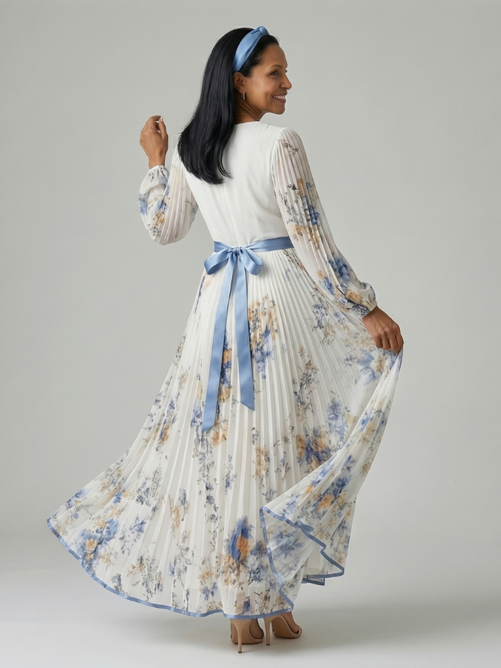 Stylish women's long sleeve floral pleated wrap midi dress, offering an elegant and versatile look for all events.