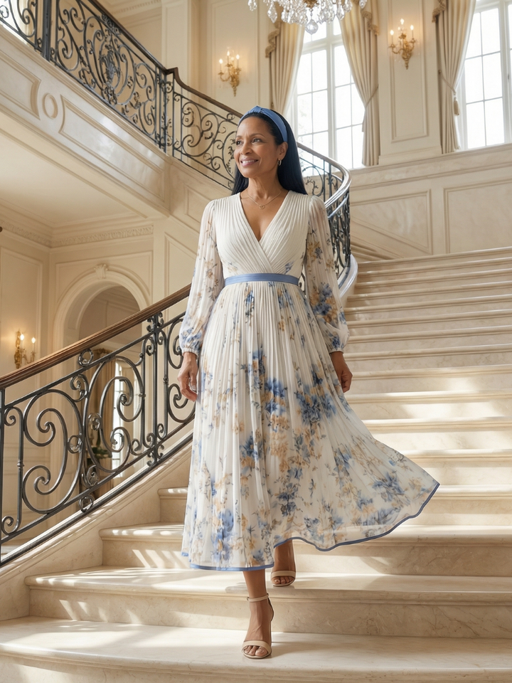 Women's elegant floral pleated wrap midi dress with long sleeves, perfect for versatile occasion styling.