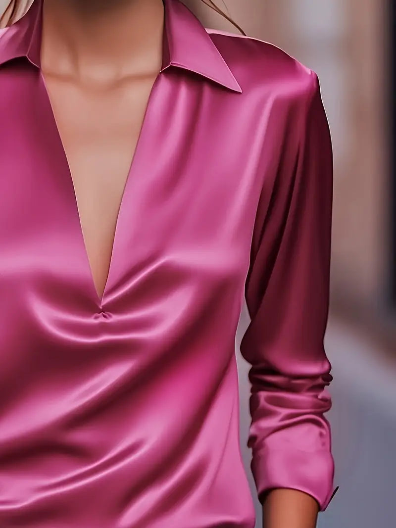 Women's sophisticated long sleeve V-neck collared shirt, professional & stylish.