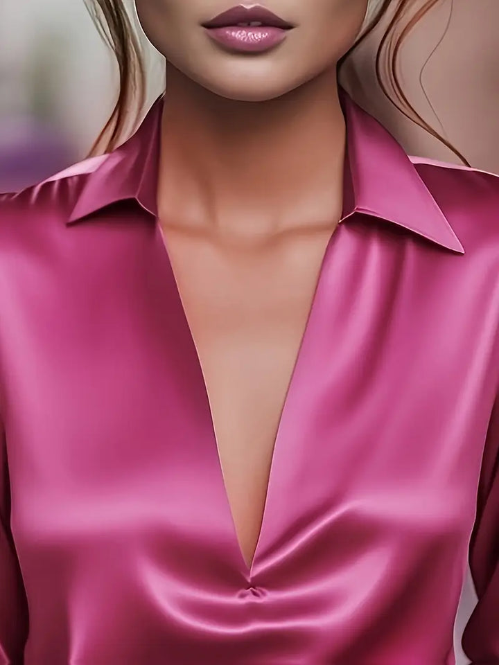 Everyday women's fashion: elegant long sleeve V-neck collared blouse.
