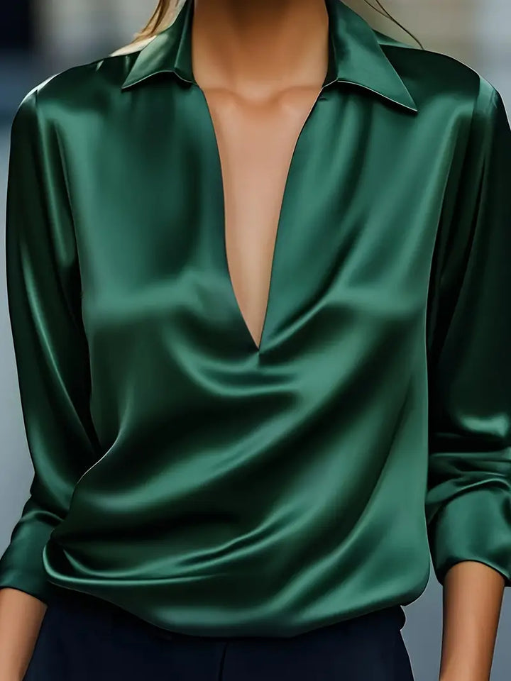 Women's elegant long sleeve V-neck top with collar, versatile for any occasion.