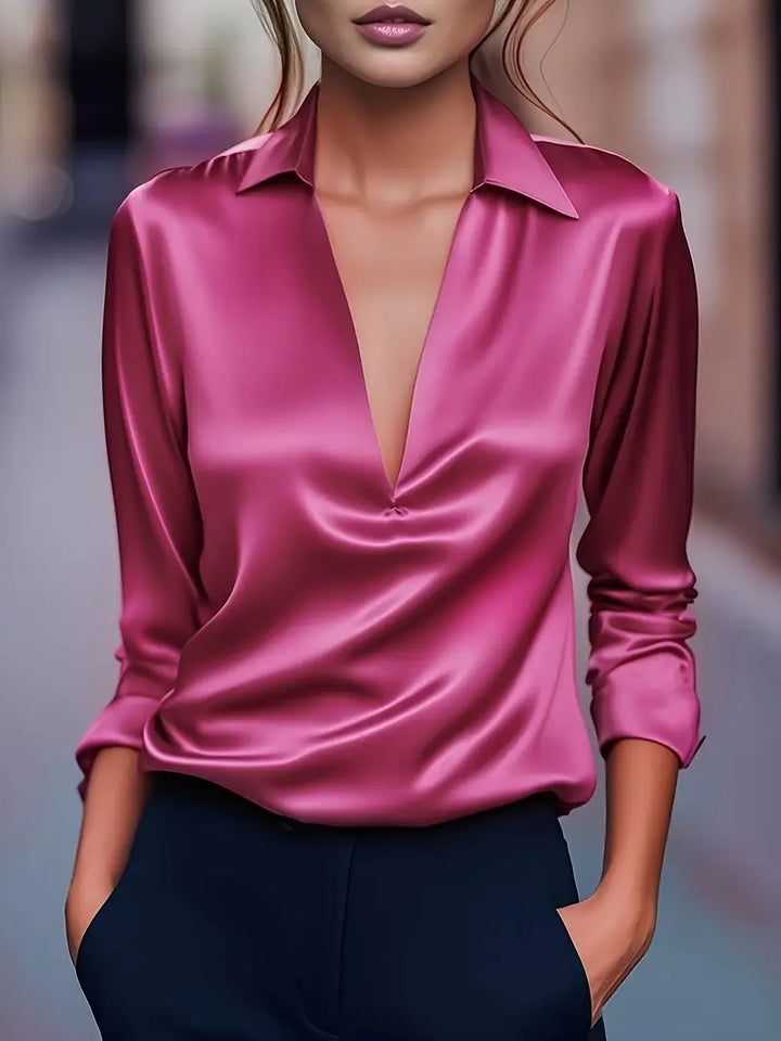 Stylish straight fit women's blouse, long sleeve, V-neck, perfect for office.