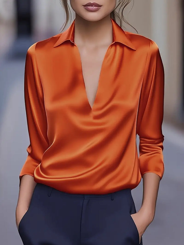 Chic women's long sleeve V-neck top, collared, suitable for casual & work.