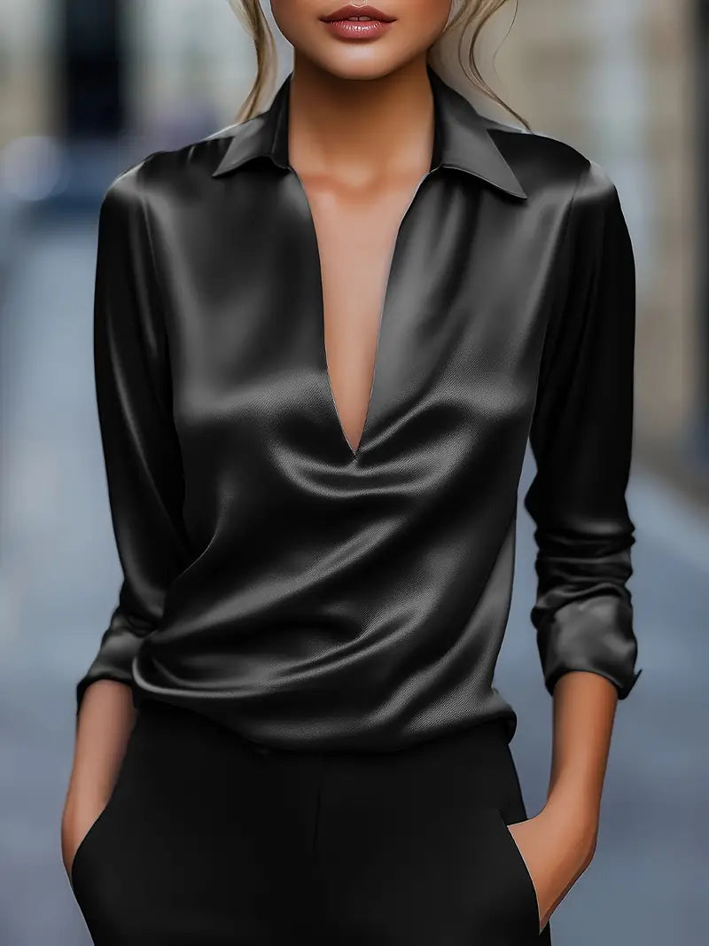 White women's straight fit long sleeve blouse, V-neck, collared, versatile style.