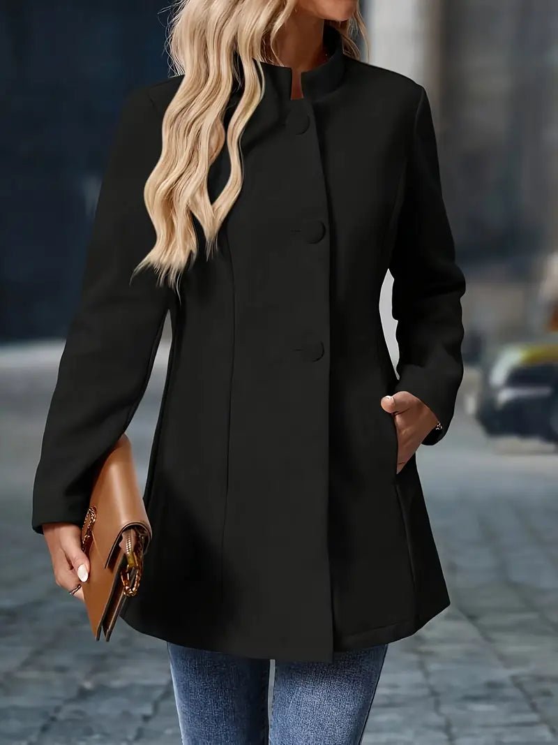 Chic women's mid-length overcoat with stand collar. Elegant professional outerwear.