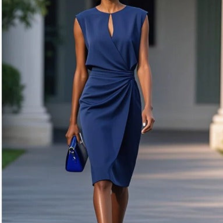 Back view of a fashionable women's midi dress, ideal as a party or formal dress with elegant silhouette.