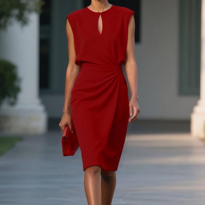 Chic women's formal midi dress with elegant keyhole and ruched details. A timeless choice for evening wear.