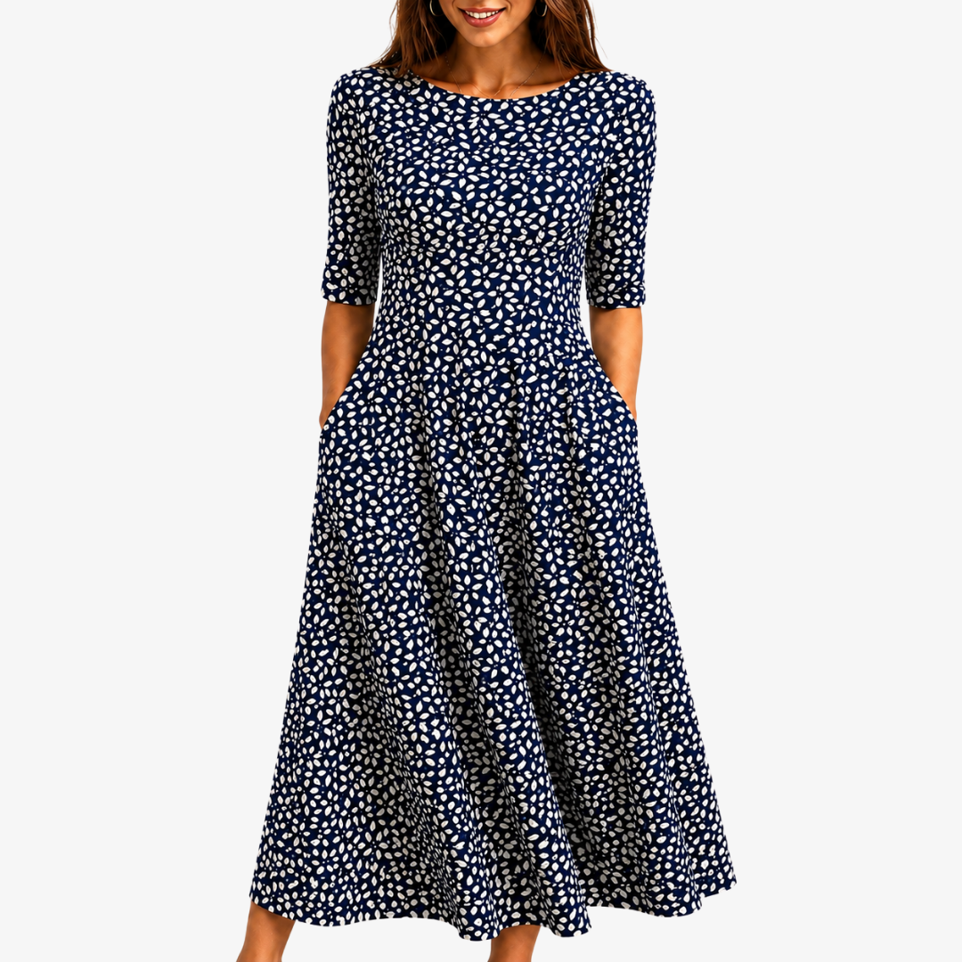 Women's elegant Midnight Bloom floral print maxi dress with pockets. Perfect for summer vacations or casual wear.