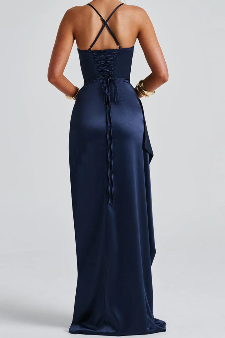 Navy blue ruched maxi dress with high slit & spaghetti straps. Elegant formal evening wear for women's special occasions.