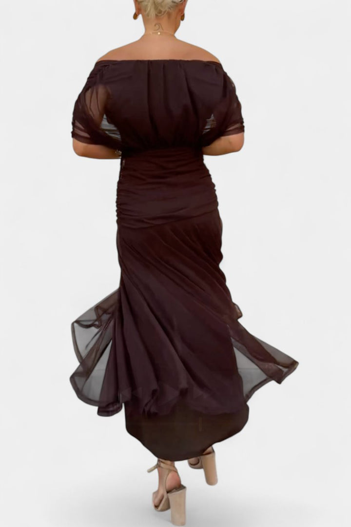 Flowing off-shoulder brown maxi dress, an elegant cocktail party gown for women.