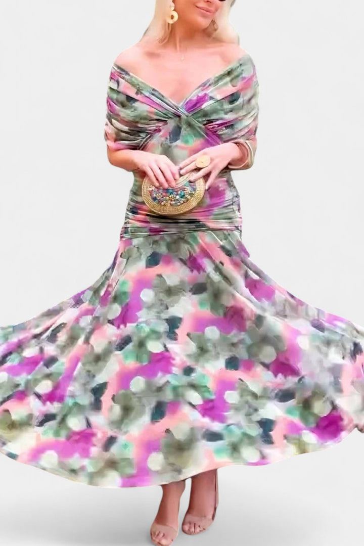Classy women's off-shoulder maxi dress, perfect as a flowing party gown or formal wear.