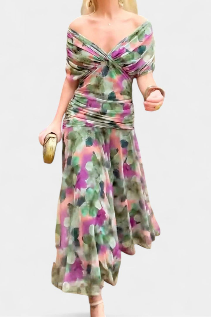 Women's elegant off-shoulder flowing gown, a long maxi dress for cocktail parties.